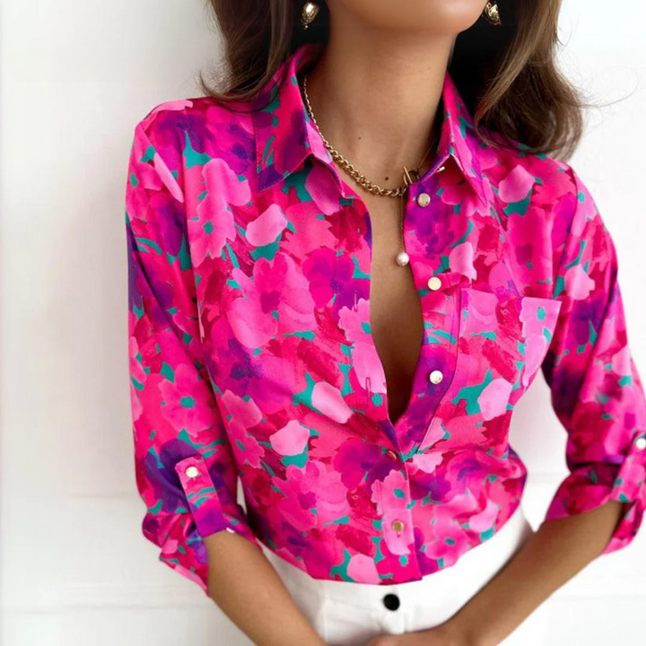 VOGUE™ - Casual Hot Pink Blouse With Floral Print